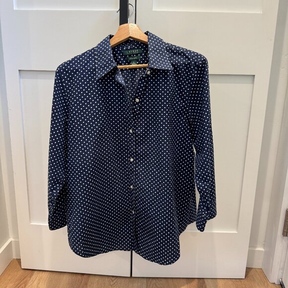 Lauren Ralph Lauren Navy & White Polka Dot Button-Up Blouse Size Large - Picture 2 of 10